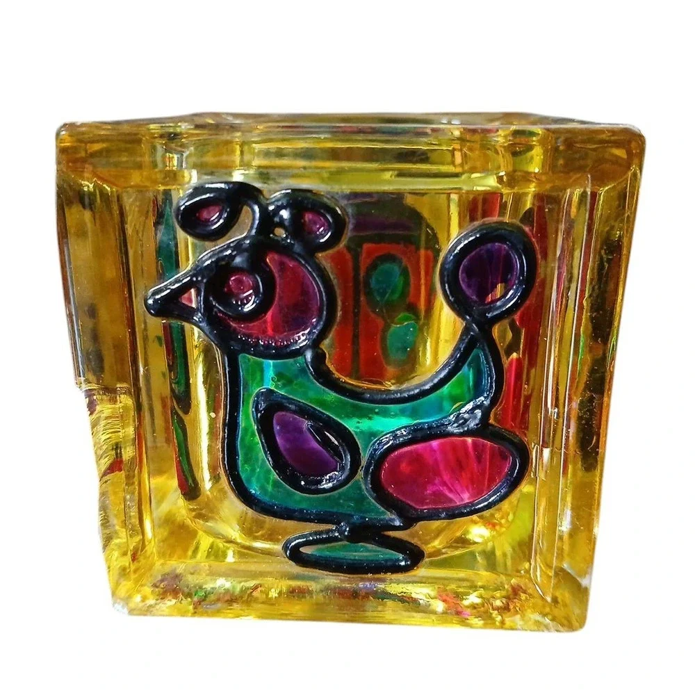 Vtg Stained Glass Handmade Studio Art Candle Holder Ladybug Butterfly 3